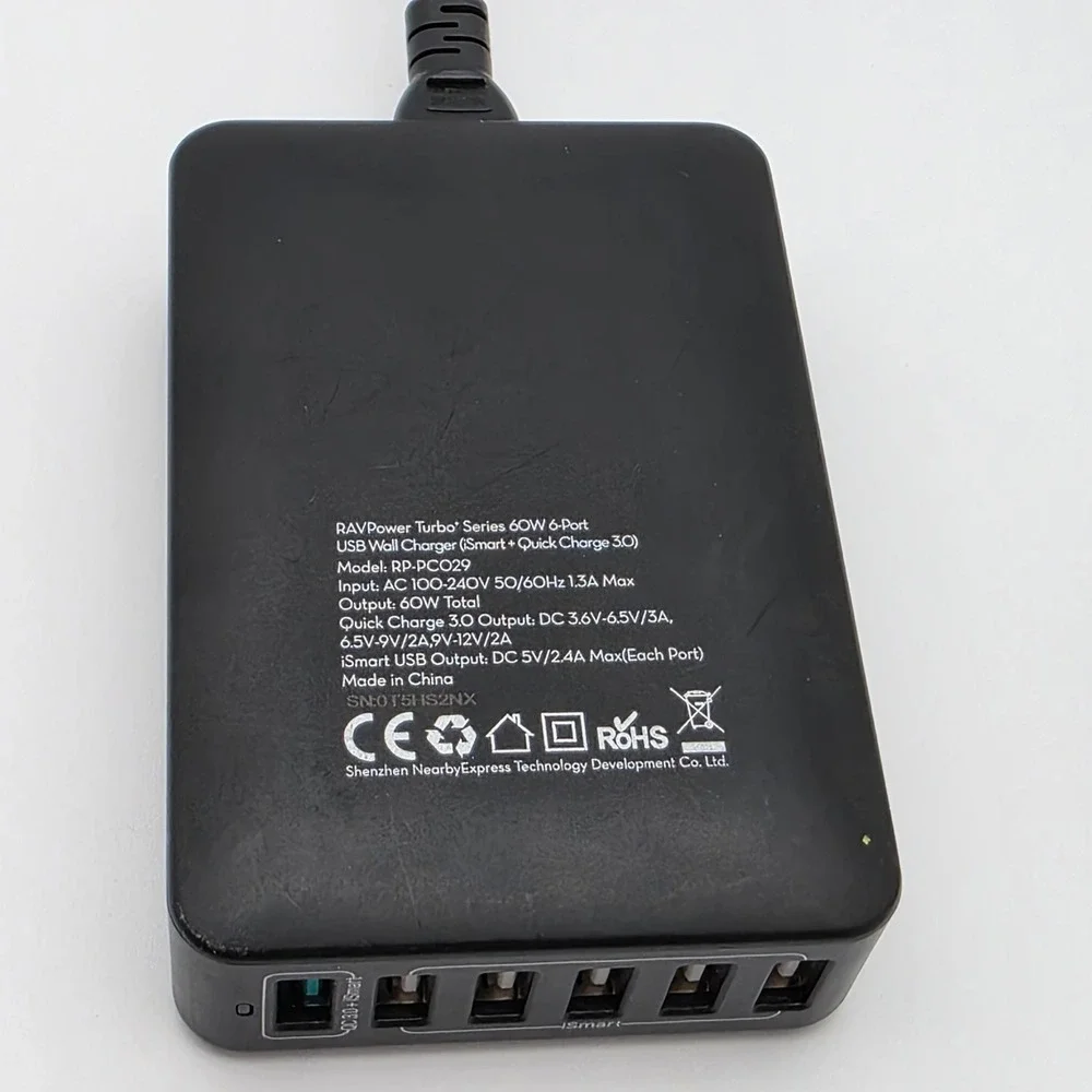 RAVPower USB Wall Charger 60W 6-Port Black Plastic QC 3.0 iSmart Desktop Hub